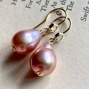 Pink-Peach Edison Pearls on Sky Blue Topaz 14k Gold Filled