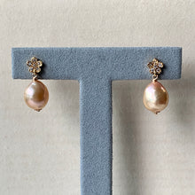 Load image into Gallery viewer, Orange-Peach Edison Pearls on Flower Studs 14kGF
