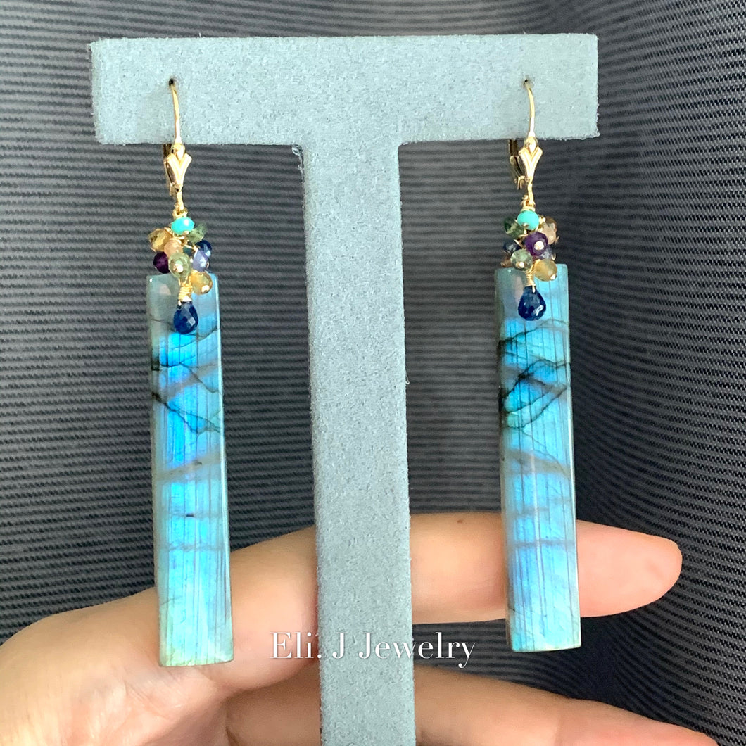Kauai Beach- Labradorite Bars and Gems 14kGF Earrings