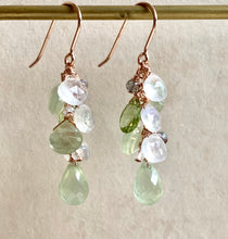 Load image into Gallery viewer, Prehnite Rainbow Moonstone 14k Rose Gold Filled Earrings