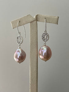 Large Pink-Peach Edison Pearls, Oval 925 Silver Earrings
