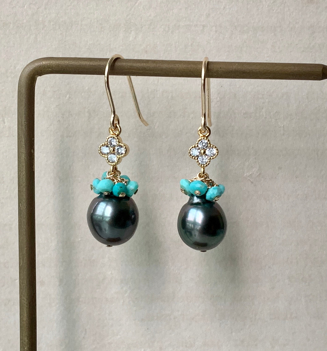 Tahitian Pearls & Turquoise, Zirconia Clover 14kGF