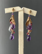 Load image into Gallery viewer, Lily Prose: Vtg Brass Lily, Amethyst, Garnet, Swarovski 14kGF Earrings