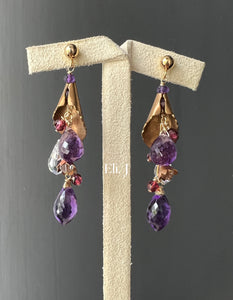 Lily Prose: Vtg Brass Lily, Amethyst, Garnet, Swarovski 14kGF Earrings