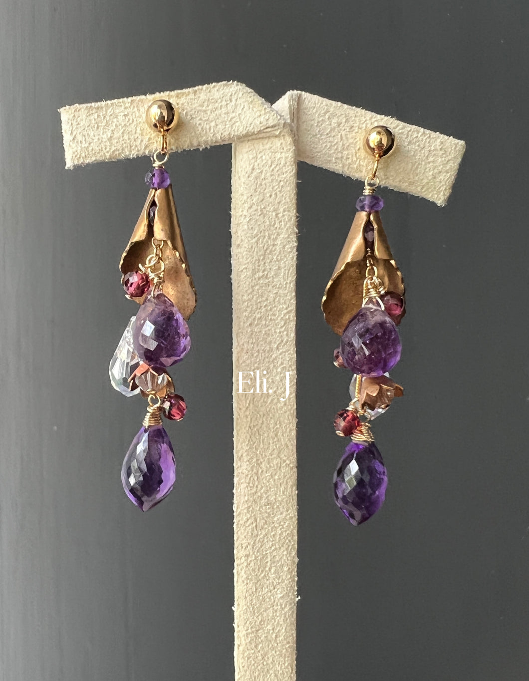 Lily Prose: Vtg Brass Lily, Amethyst, Garnet, Swarovski 14kGF Earrings