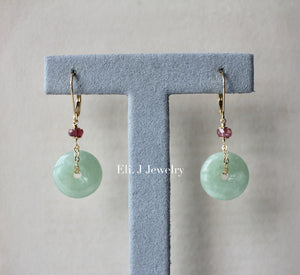 Apple Green Type A Jade Donuts, Tourmaline Leaves 14kGF Earrings