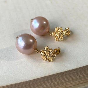 AAA Pink Round Edison Pearls Floral Studs