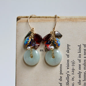 Jade Donuts, Black Opal, Hessonite Garnet, Vintage Flowers 14kGF Earrings