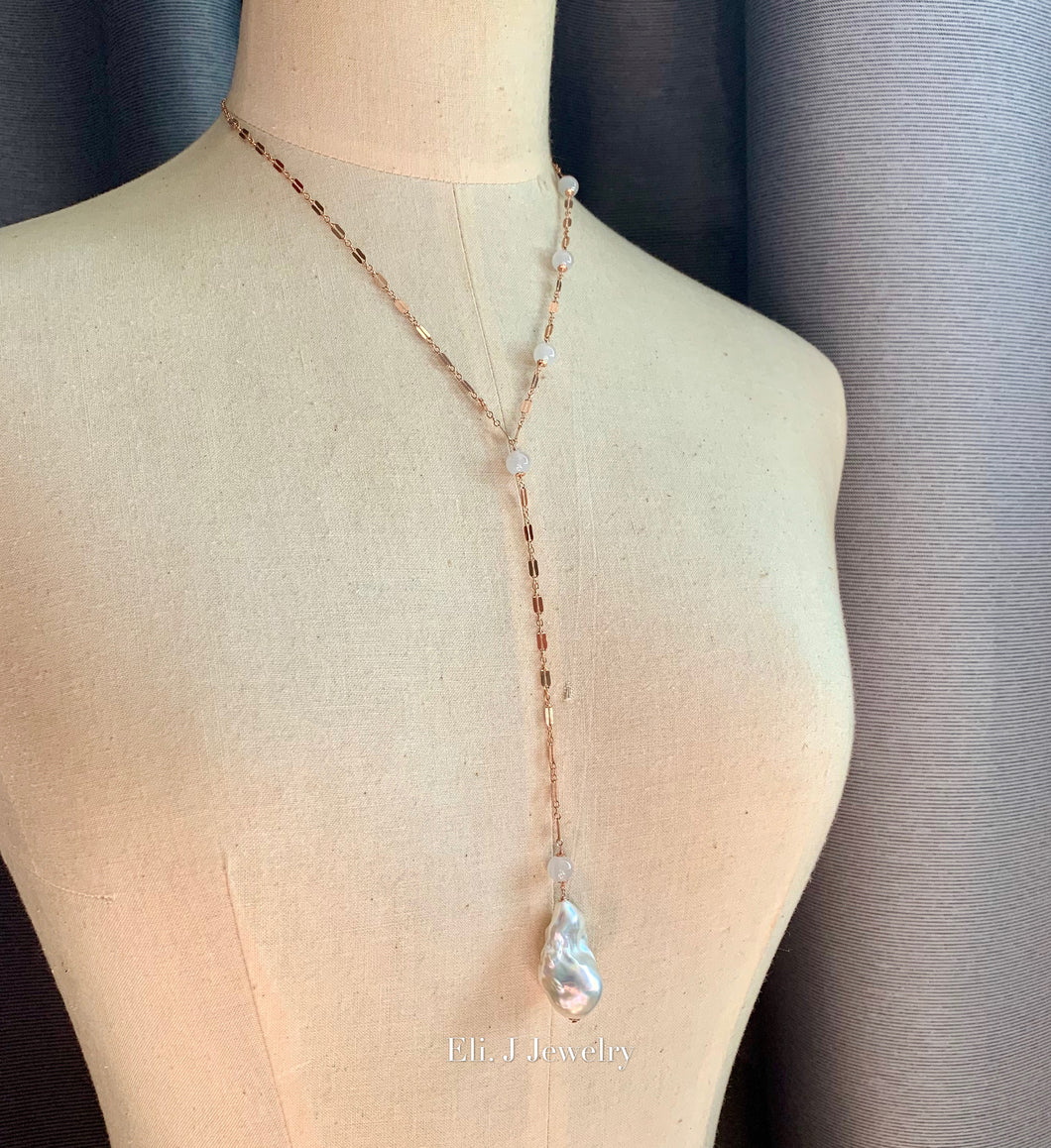 Baroque Pearl & Icy Jade Y-Necklace 14kRGF