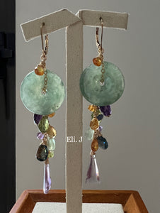 Translucent Large Dark Green Jade Donuts & Gems, Vintage Glass Gems Interchangeable 14kGF Earrings