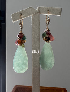 Exclusive Apple-Green Jade Flat Teardrops & Rainbow Gems 14kGF Earrings