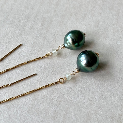 AA Tahitian Bright Peacock Pearls 14kGF Threaders
