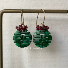 Load image into Gallery viewer, 喜喜 #6: Double Happiness Old-Mine Jade &amp; Ruby 14kGF Earrings