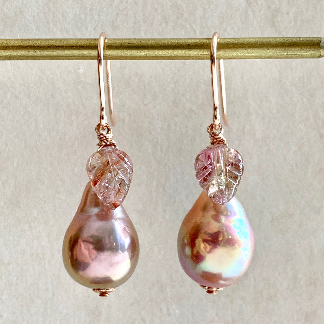 Peach Metallic Lustre Pearls &Watermelon Tourmaline on 14k Rose Gold Filled