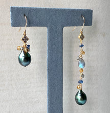 Load image into Gallery viewer, Peacock Tahitian Pearls &amp; Gems Mismatched 14kGF Earrings