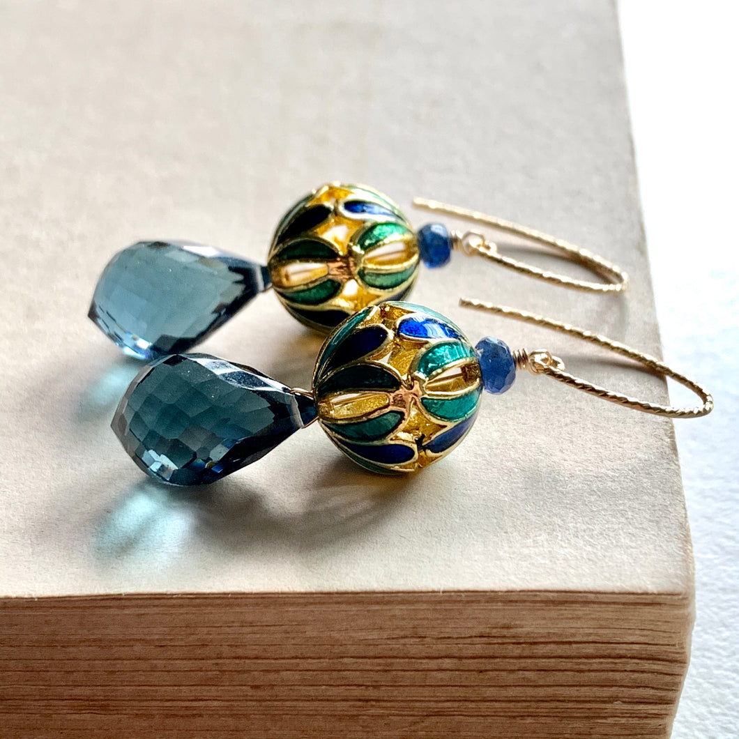 Blue Quartz & Cloisonne Lanterns 14kGF Earrings