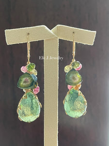 Eva: Vtg Mint Glass Gems, Watermelon Tourmaline, Sapphire Earrings