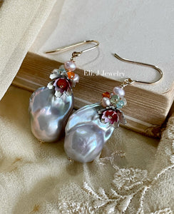 Audrey: Silver Baroque Pearls, Vtg Flowers, Gemstones Earrings