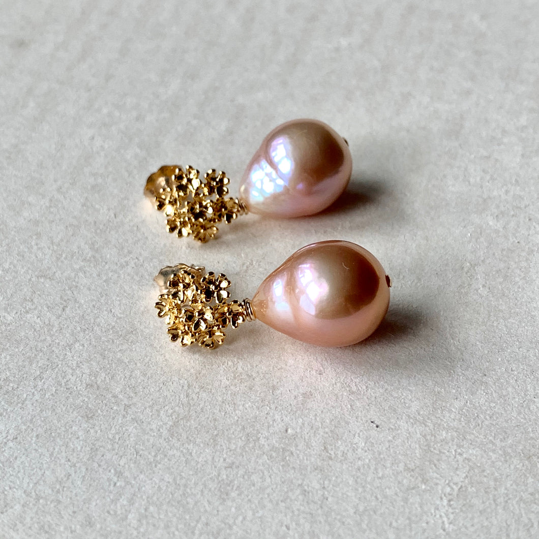 Peach Edison Pearl Drops on Bouquet of Flowers Studs