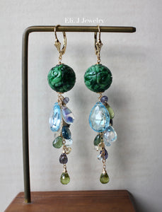 Type A Carved Deep Green Jade Balls & Blue Gemstones 14kGF Earrings