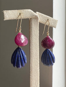 Carved Lapis Lazuli, Ruby 14kGF Earrings