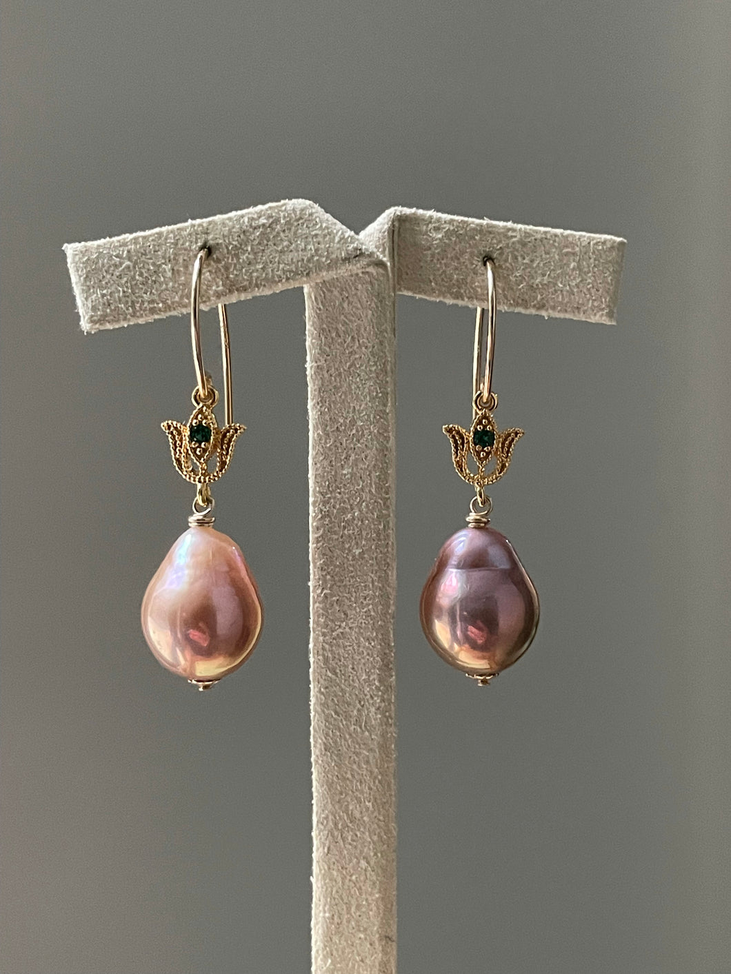 Mauve Peach Rainbow Edison Pearls Tulip 14kGF Earrings