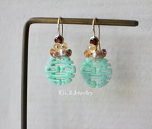 Load image into Gallery viewer, Exclusive to Eli. J: 喜喜Double Happiness Mint Green Jade &amp; Autumn Gems 14kGF Earrings