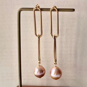 Peach AAA Edison Pearls Long Statement Link Earrings