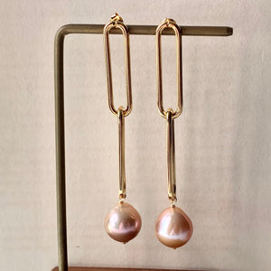 Peach AAA Edison Pearls Long Statement Link Earrings