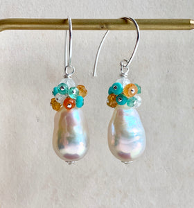 White Pearls, Turquoise, Orange Garnet, Apatite on 925 Silver