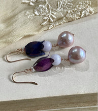 Load image into Gallery viewer, Mary: Lavender Jade, Pink Edison Pearls, Vtg Purple Flower Earrings