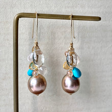 Load image into Gallery viewer, Golden Peach Edison Pearls, Turquoise, Golden Rutile, Gemstone 14kGF Earrings