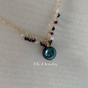 AAA Peacock Tahitian Pearl, Ruby, Spinel, Rainbow Moonstone 14kGF Necklace