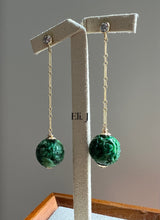 Load image into Gallery viewer, Dark Green Jade Carved Balls 14kGF Dangle Earrings