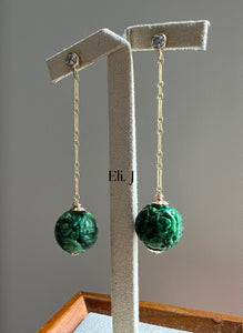 Dark Green Jade Carved Balls 14kGF Dangle Earrings