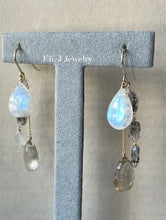 Load image into Gallery viewer, Winter 3: Rainbow Moonstone, Golden Rutile, Herkimer Quartz 14kGF Earrings