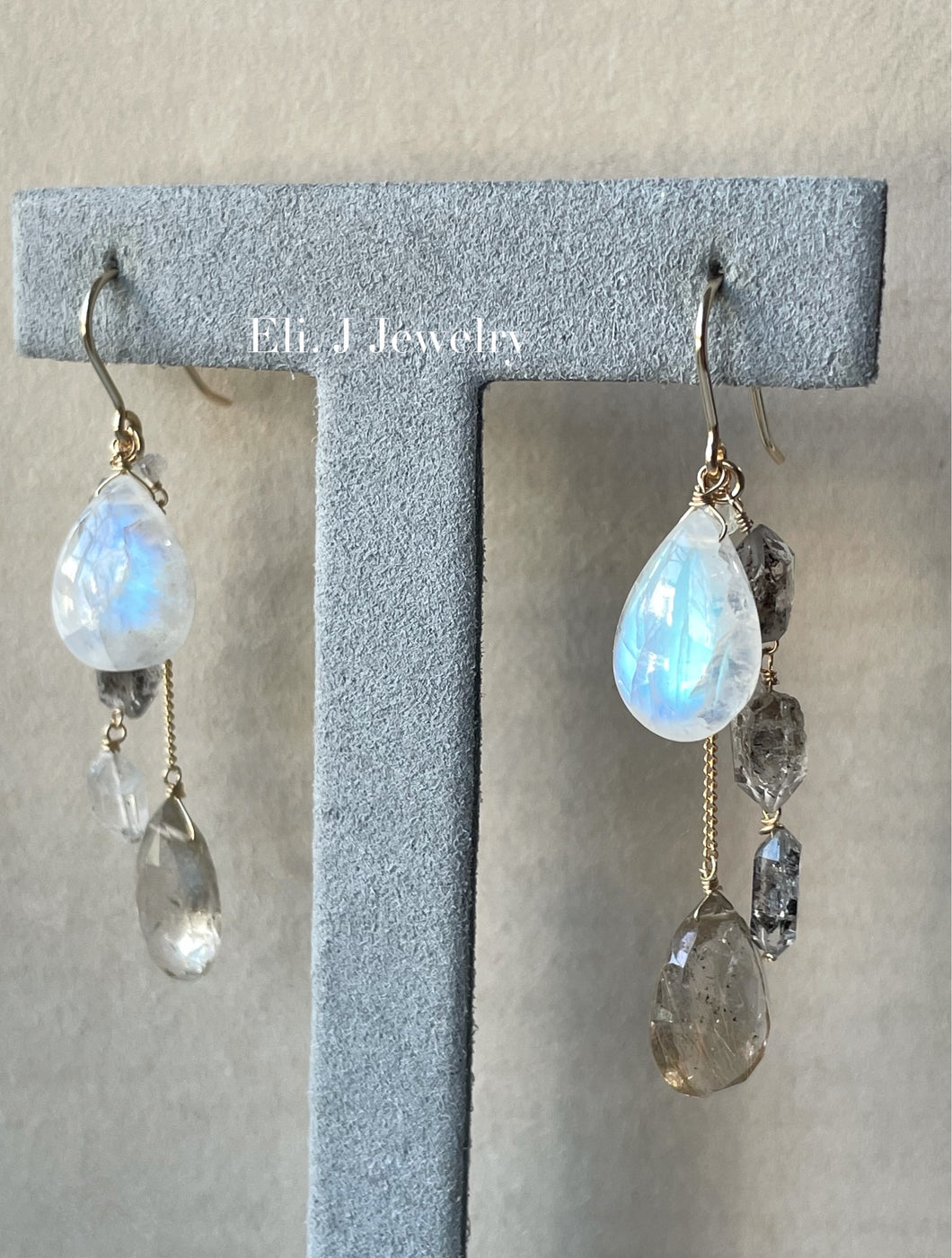 Winter 3: Rainbow Moonstone, Golden Rutile, Herkimer Quartz 14kGF Earrings