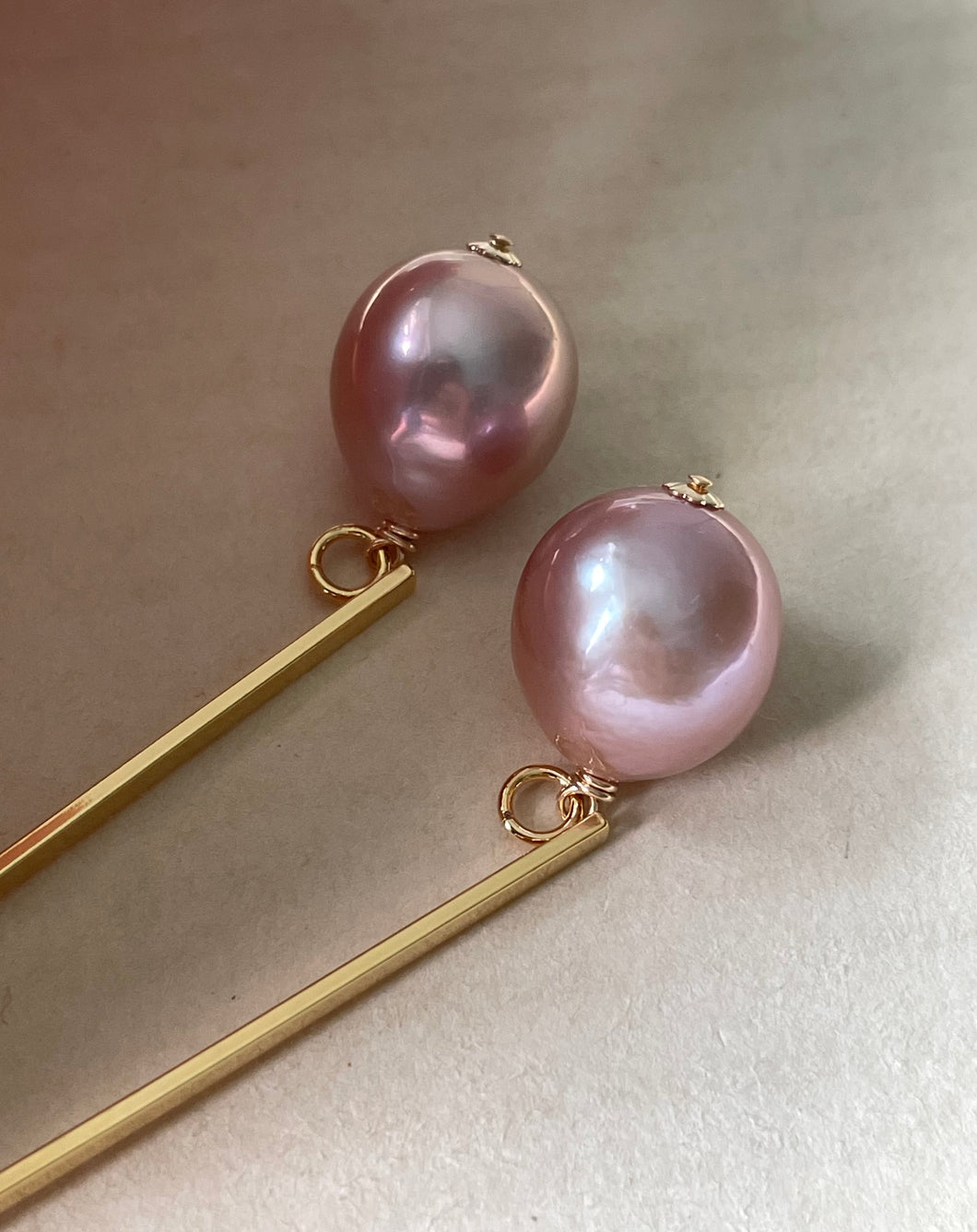 Big Pink Edison Pearls on Goldplated Long Bar Studs