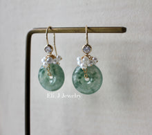 Load image into Gallery viewer, Icy Floral Type A Jade Donuts, Silver Diamond Drops, Pearls 14kGF Earrings