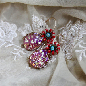 Vintage Red Teardrop Glass Gems, Flowers & Turquoise 14kGF Earrings
