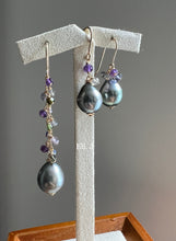 Load image into Gallery viewer, Silver-Peacock-Blue Tahitian Pearls, Amethyst &amp; Gems Trio 14kGF Earrings
