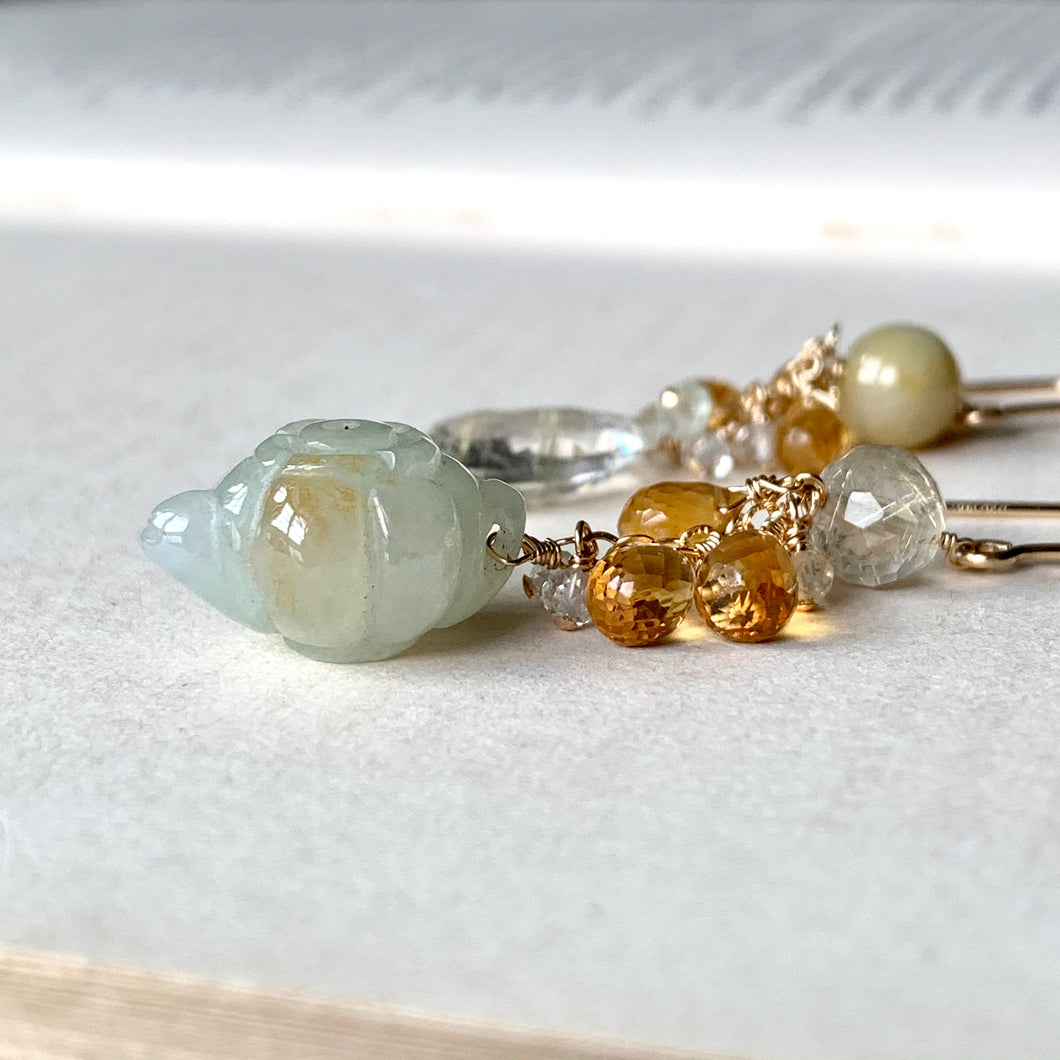 Type A Green-Yellow Jade Teapot & Yellow Gemstones 14kGF Earrings