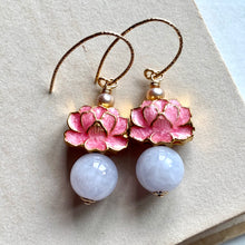 Load image into Gallery viewer, Pink Lotus Cloisonne, Lavender Jade 14kGF Earrings