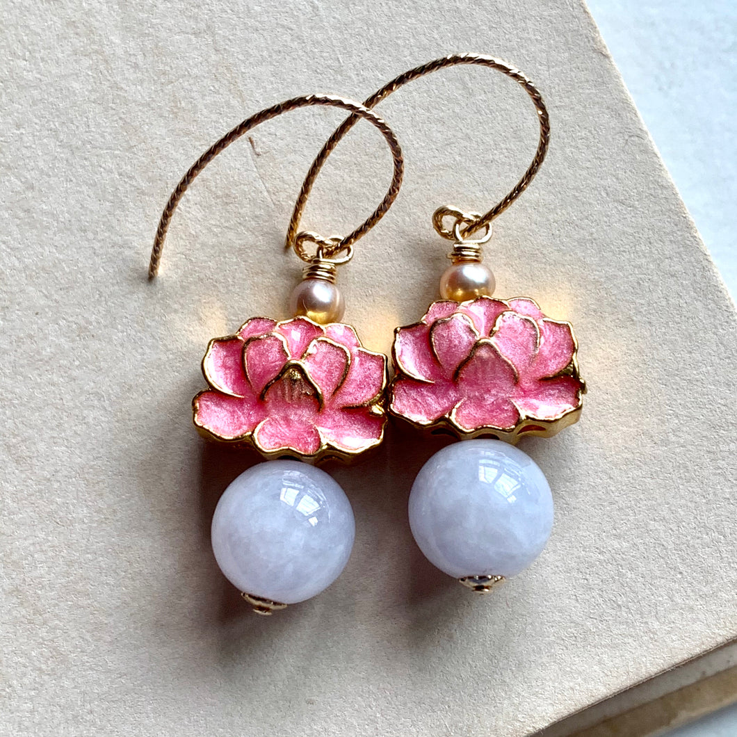 Pink Lotus Cloisonne, Lavender Jade 14kGF Earrings