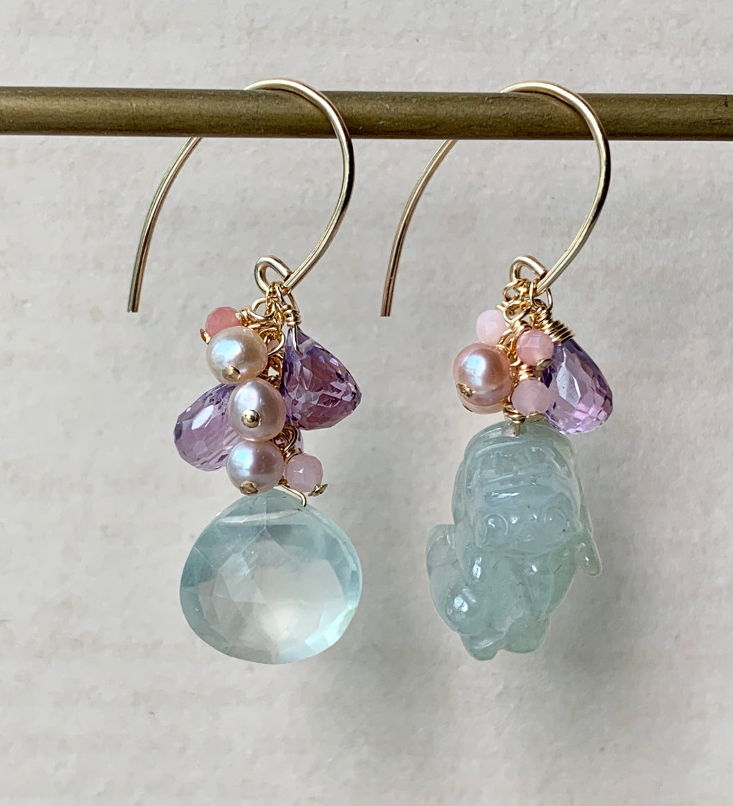 Icy Jade Pixiu & Prehnite, Pink Amethyst 14kGF