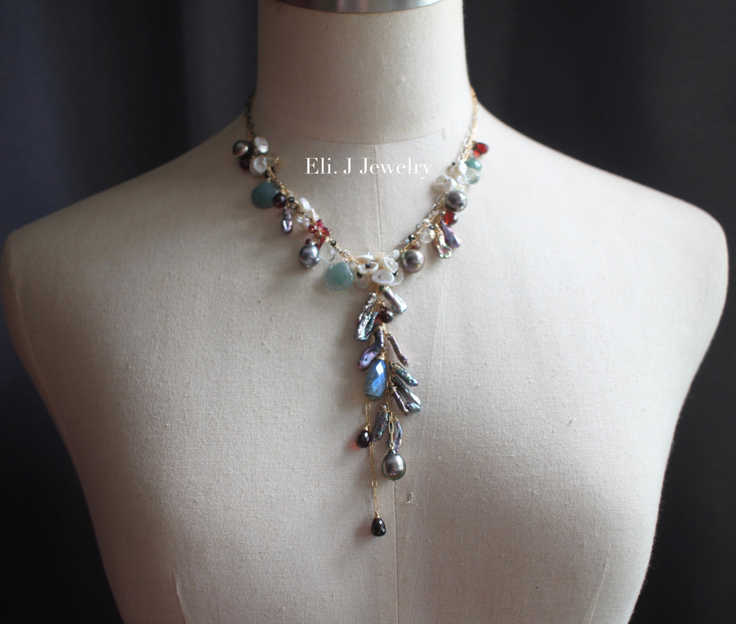 One-of-a-Kind: “Deep Sea Treasures”: Jade Shells, Tahitian Pearls, Keishi Pearls, Gemstone Necklace