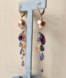 Peach Edison Pearls, Amethyst, London Blue Topaz, Sunstone, Etc Cascade 14kGF Earrings