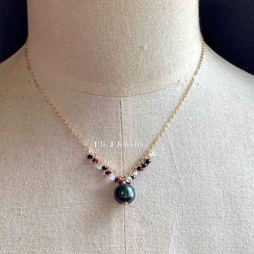 AAA Peacock Tahitian Pearl, Ruby, Spinel, Rainbow Moonstone 14kGF Necklace