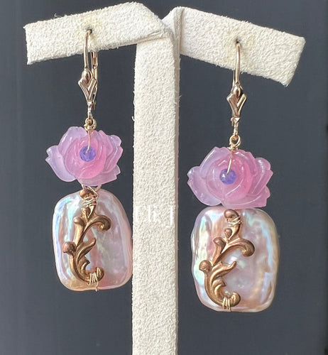 Rose: Pink Keshi Pearls, Pink Glass Flowers & Vintage Charms 14kGF Earrings