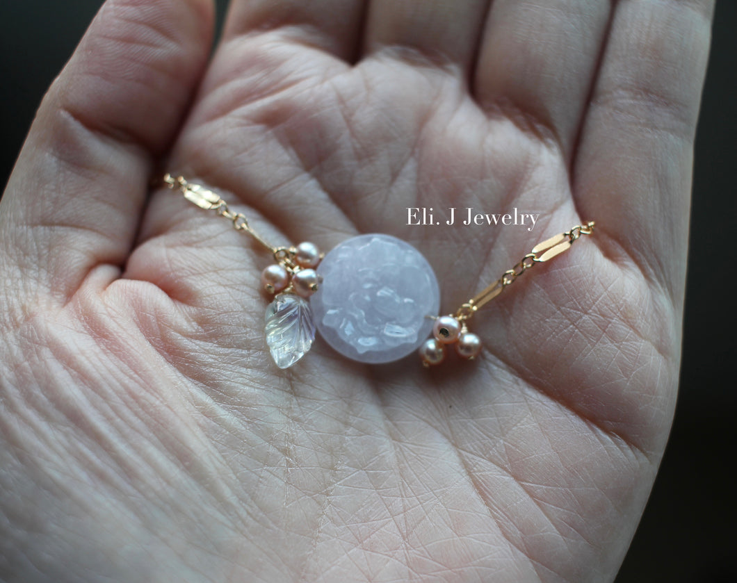 Exclusive: Peony Lavender Type A Jade, Pearls, Rainbow Moonstone 14kGF Necklace